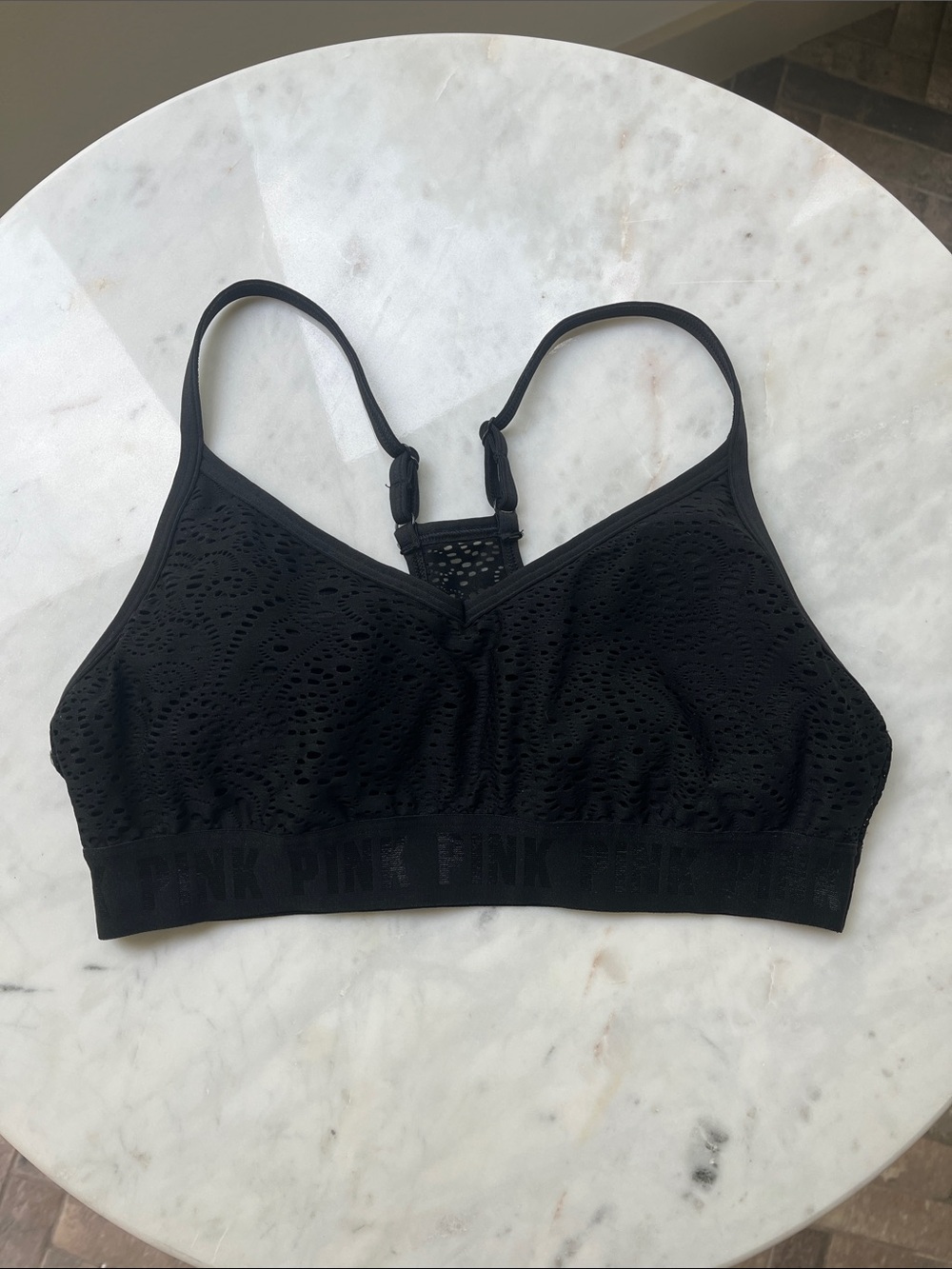 PINK Victoria's Secret Sports Bra Medium Black Lace-Overlay Racerback